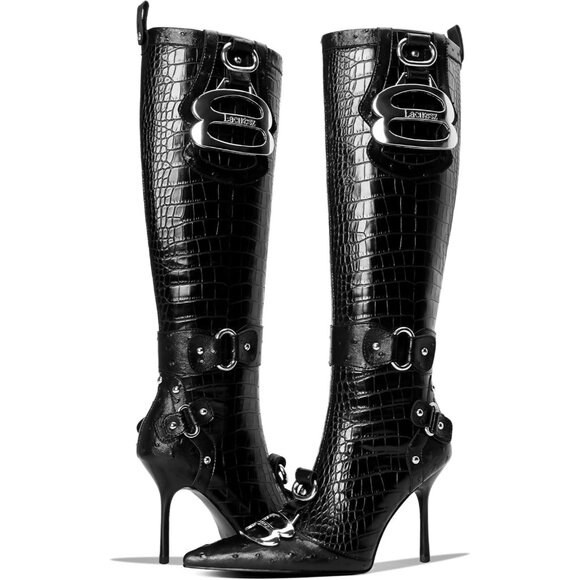 Women's Cool Black Pointed Toe Slim Calf Sexy Stiletto High Heel Long Tall Boots - Picture 5 of 7